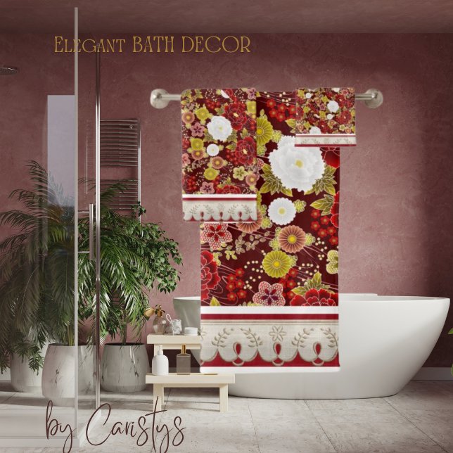 Klassischer Floralrost, Braun, Olivenöl Badhandtuch Set (Von Creator hochgeladen)