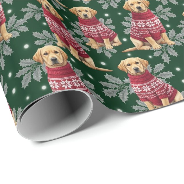Klassischer gelber Labrador-Welpe in rotem Pullove Geschenkpapier (Rolleneckpunkt)