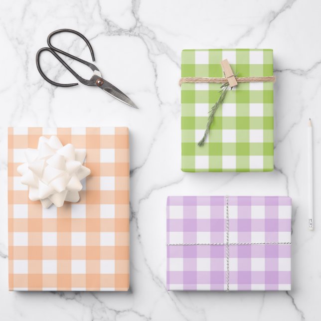 Klassischer Gingham Karo Kariertes Musterpeach Geschenkpapier Set (Vorderseite)