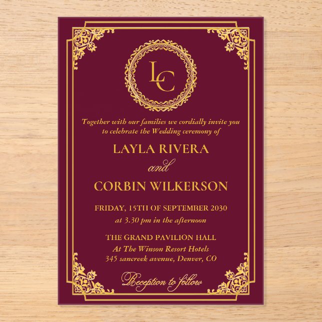 Klassischer Goldrahmen Royal Monogram Hochzeit Acryleinladungen (Vorderseite)