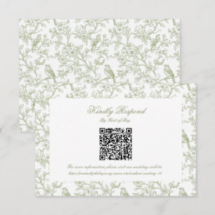 Klassischer grüner Blumen- und Vogeldomino-QR-Code RSVP Karte