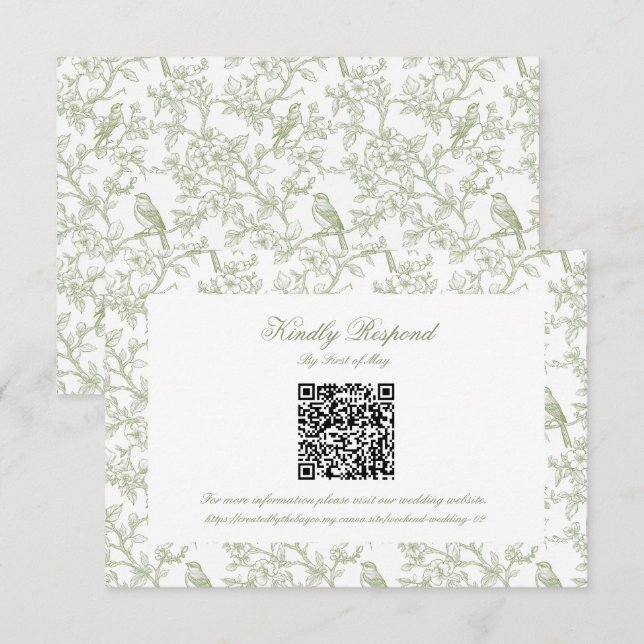 Klassischer grüner Blumen- und Vogeldomino-QR-Code RSVP Karte (Vorne/Hinten)
