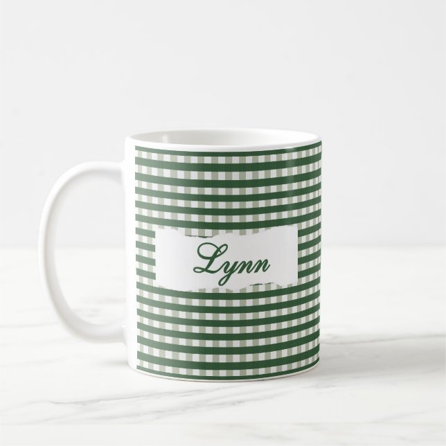 Klassischer grüner Gingham-Personalisierter Name  Kaffeetasse (Links)