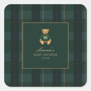 Klassischer grüner Karobär Baby Shower Quadratischer Aufkleber