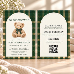 Klassischer grüner Karobär QR-Code Baby Shower Einladung