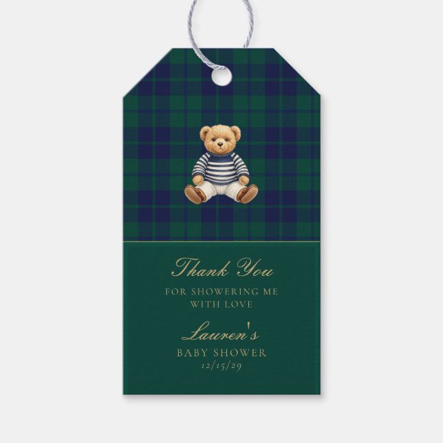 Klassischer grüner Navy-Karobär-Babyshower  Geschenkanhänger (Vorderseite)