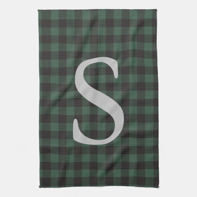 Klassischer grüner Tartan Kariert Mit Monogramm Geschirrtuch (Vertikal)