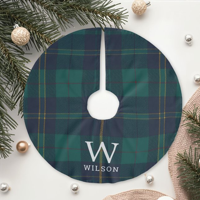 Klassischer grüner Tartan-Karostoff-Monogramm-Weih Polyester Weihnachtsbaumdecke (Von Creator hochgeladen)