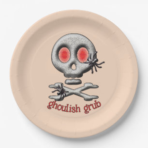 Klassischer Halloween-Schreckschädel und gruselige Pappteller