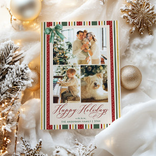 Klassischer Happy Holidays Vintag Stripes Bow 3 Fo Feiertagskarte