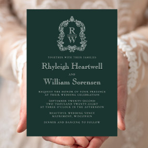 Klassischer Hochzeit mit grünem Wald Monogramm-Wap Einladung