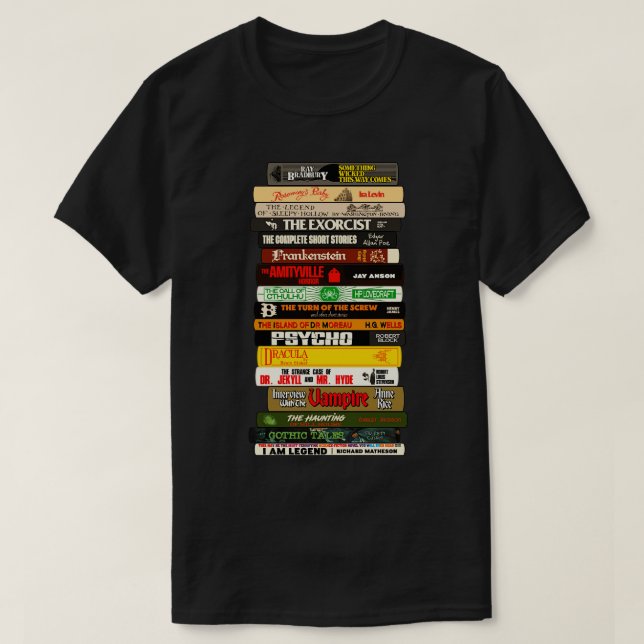 Klassischer Horror-Buchstapel T-Shirt (Design vorne)