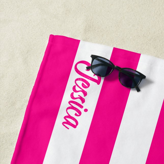 Klassischer Hot Pink White Cabana Strip Personalis Strandtuch (Beispiel)