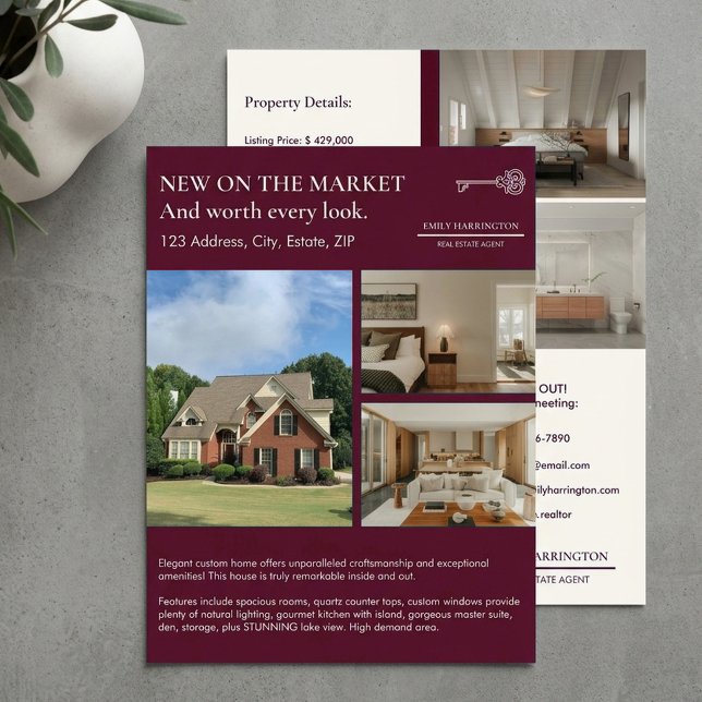 Klassischer Immobilienmakler in Maroon Schriftart Flyer (Von Creator hochgeladen)