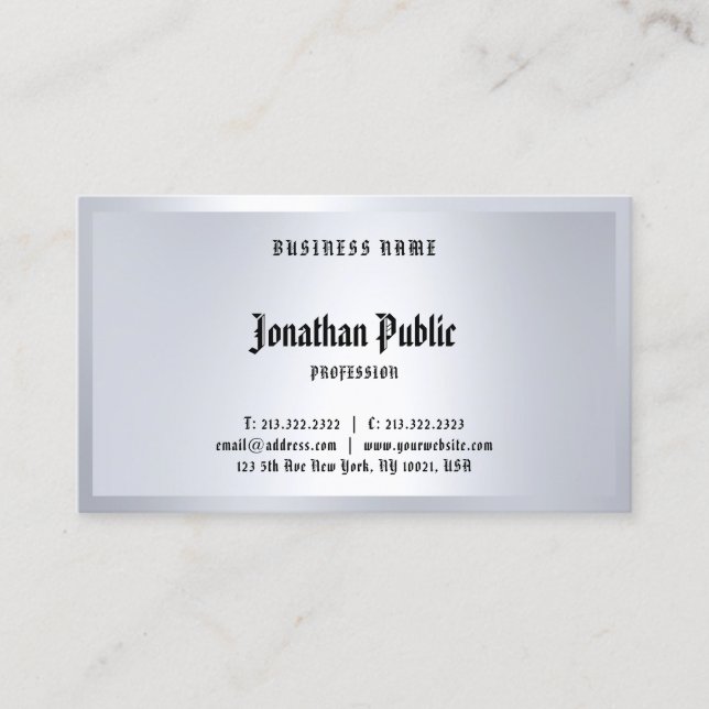 Klassischer, kalligrafischer Silber-Look Elegant T Visitenkarte (Vorderseite)