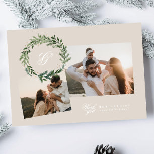 Klassischer Kiefernmonogramm-Kranz eleganter Fotoc Feiertagskarte