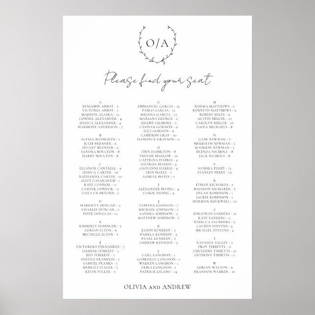 Klassischer Kranz-Monogramm-Hochzeits-Sitzplan Poster (Vorne)