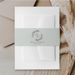 Klassischer Kranz-Monogramm Soft Sage Hochzeit Einladungsbanderole