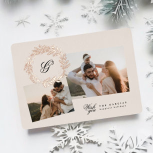 Klassischer Kranz Weihnachten Fotocollage Roségold Folien Feiertagskarte