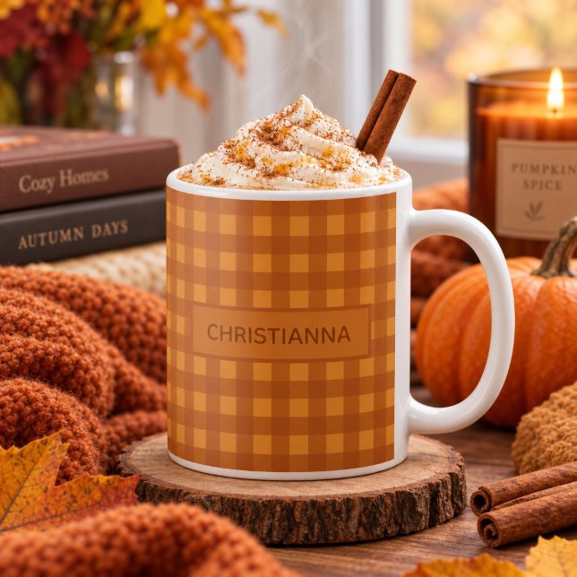Klassischer Kürbis Herbst Gingham Karo Kariert Kaffeetasse (Von Creator hochgeladen)