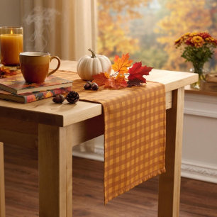 Klassischer Kürbis Herbst Gingham Karo Kariert Kurzer Tischläufer