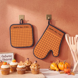 Klassischer Kürbis Herbst Gingham Karo Kariert Ofenhandschuh & Topflappen-Set