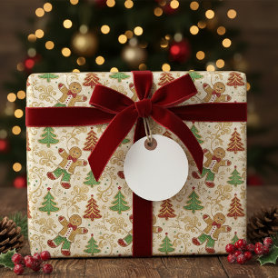 Klassischer Lebkuchenmann und Weihnachtsbaum Geschenkpapier