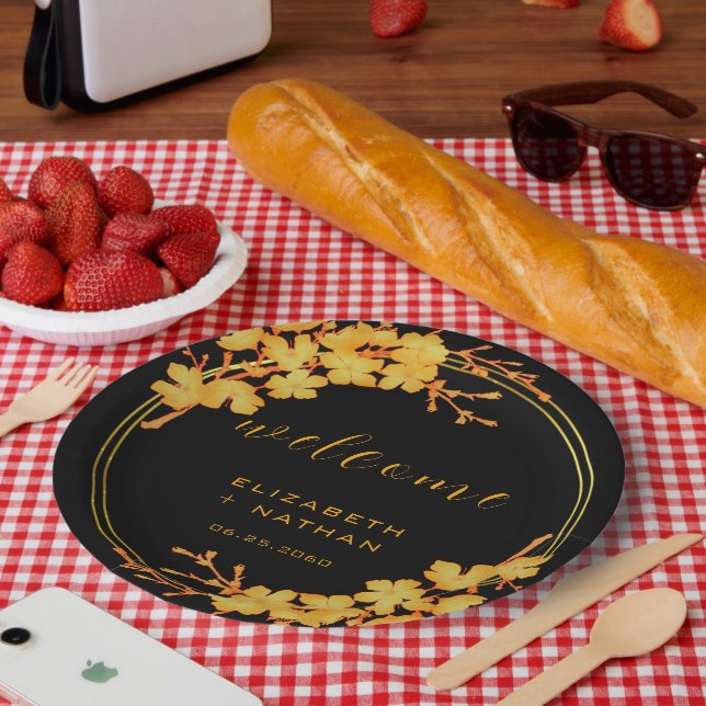 Klassischer Luxus Schwarz & Gold Floral Willkommen Pappteller (Picknick)
