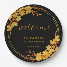 Klassischer Luxus Schwarz & Gold Floral Willkommen Pappteller