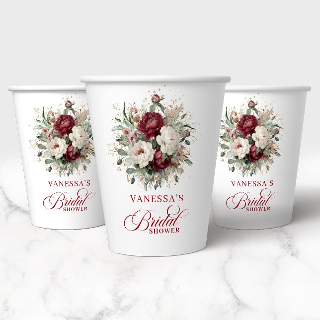Klassischer marineblauer Blumen- Gold- Papierbeche Pappbecher (Classic Maroon Floral Gold Bridal Shower Paper Cups)