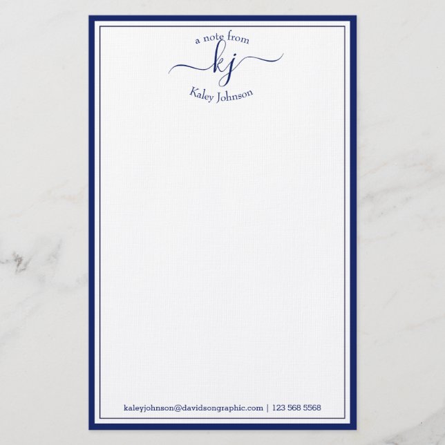Klassischer Minimalistischer Monogramm-Script-Navy Briefpapier (Vorderseite)