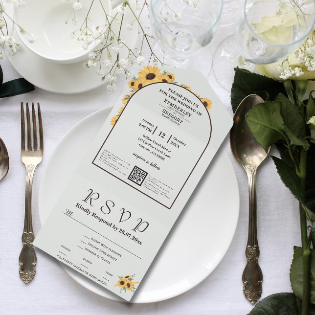 Klassischer Minimalistischer Sonnenblumen-Grüne QR All In One Einladung (Von Creator hochgeladen)