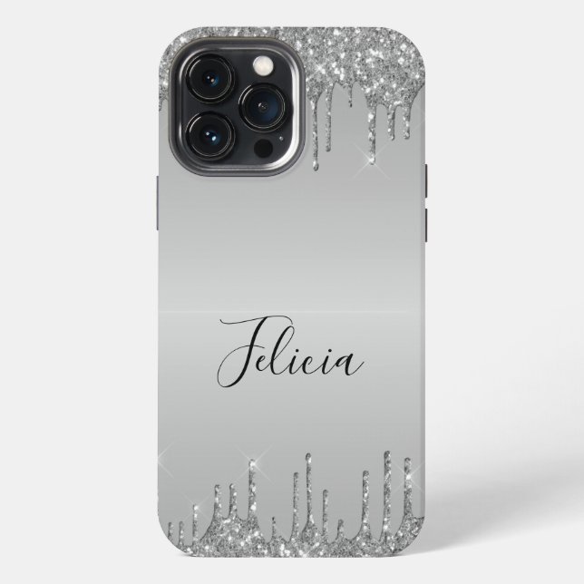 Klassischer Mit Monogramm Silver Dripped Glitzer iPhone Hülle (Rückseite)