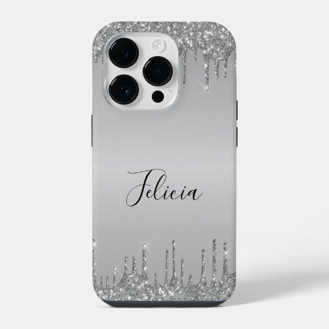 Klassischer Mit Monogramm Silver Dripped Glitzer iPhone Hülle (Rückseite)