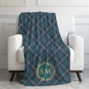 Klassischer Monogramm-Gold-Kranz Grün Tartan Karie Fleecedecke