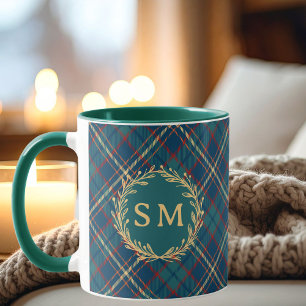 Klassischer Monogramm-Gold-Kranz Grün Tartan Karo Tasse