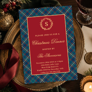 Klassischer Monogramm-Kranz Rot kariert Weihnachts Einladung