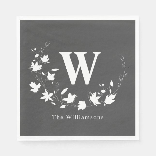 Klassischer Monogramm Name Schwarz-weißer Blumenkr Serviette (Vorderseite)