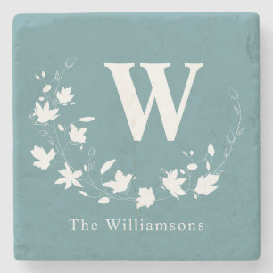 Klassischer Monogramm-Name Teal-Blumenkranz Benutz Steinuntersetzer