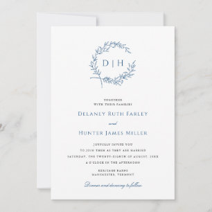 Klassischer Navy-Monogramm-Hochzeitskranz Einladung