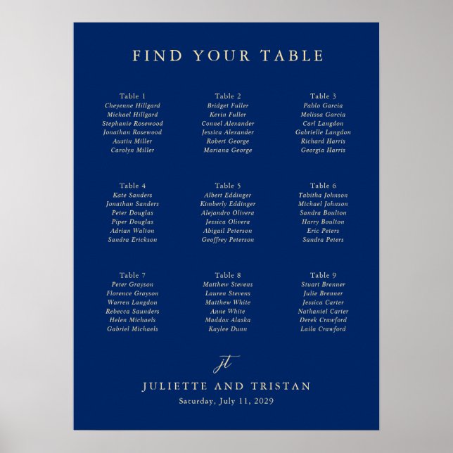 Klassischer Navy- und Creme-Hochzeitssitzplan Poster (Vorne)