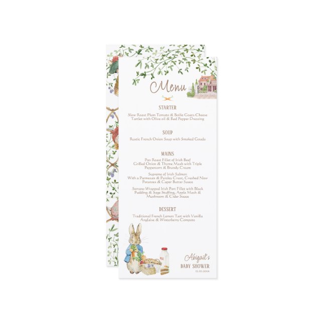 Klassischer Peter der Rabbit Beatrix Baby Dusche Menükarte (Vorderseite/Rückseite Beispiel)