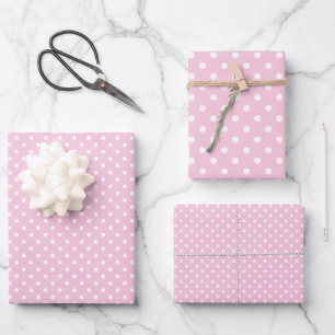 Klassischer Polka-Punkt Weiß - Hellrosa Geschenkpapier Set
