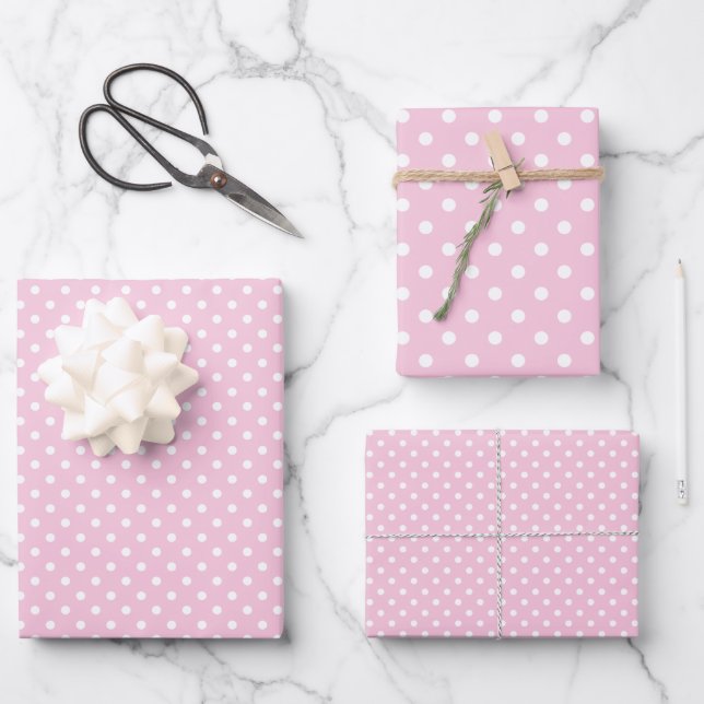 Klassischer Polka-Punkt Weiß - Hellrosa Geschenkpapier Set (Vorderseite)