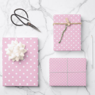 Klassischer Polka-Punkt Weiß - Hellrosa Geschenkpapier Set