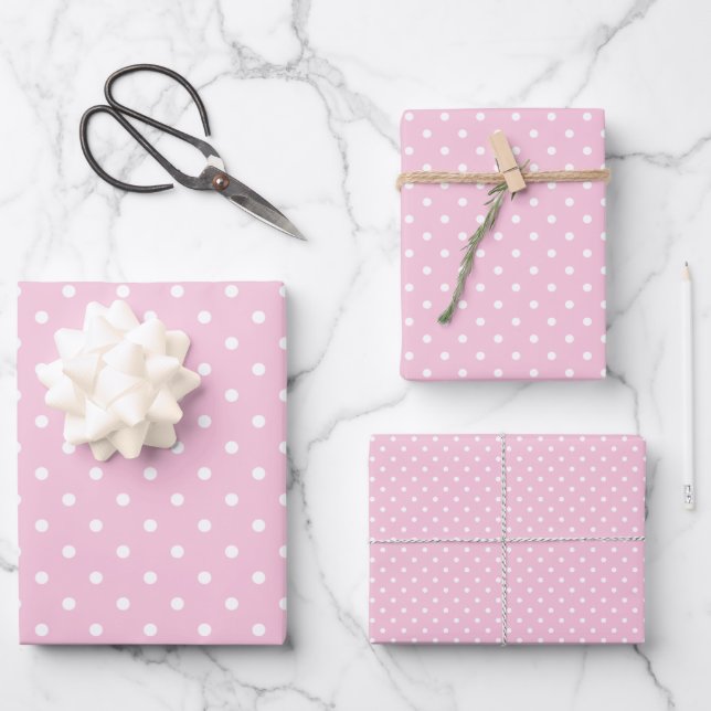 Klassischer Polka-Punkt Weiß - Hellrosa Geschenkpapier Set (Vorderseite)