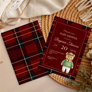 Klassischer Polo-Teddybär-Eleganter-Karo-Babyparty Einladung