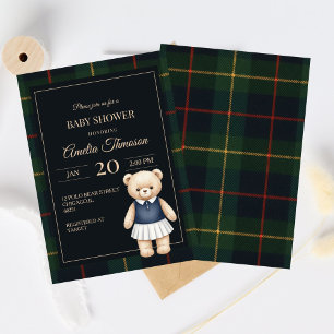 Klassischer Polo-Teddybär-Eleganter-Karo-Babyparty Einladung