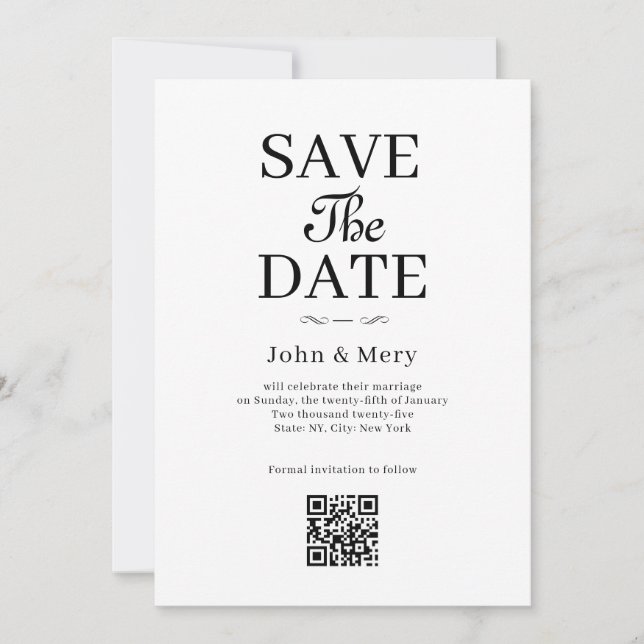 Klassischer QR-Code-Foto-Hochzeit-Save-The-Date Einladung (Vorderseite)