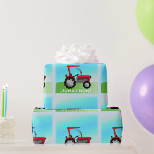 Klassischer Red Traktor "Happy Birthday, Name" Geschenkpapier